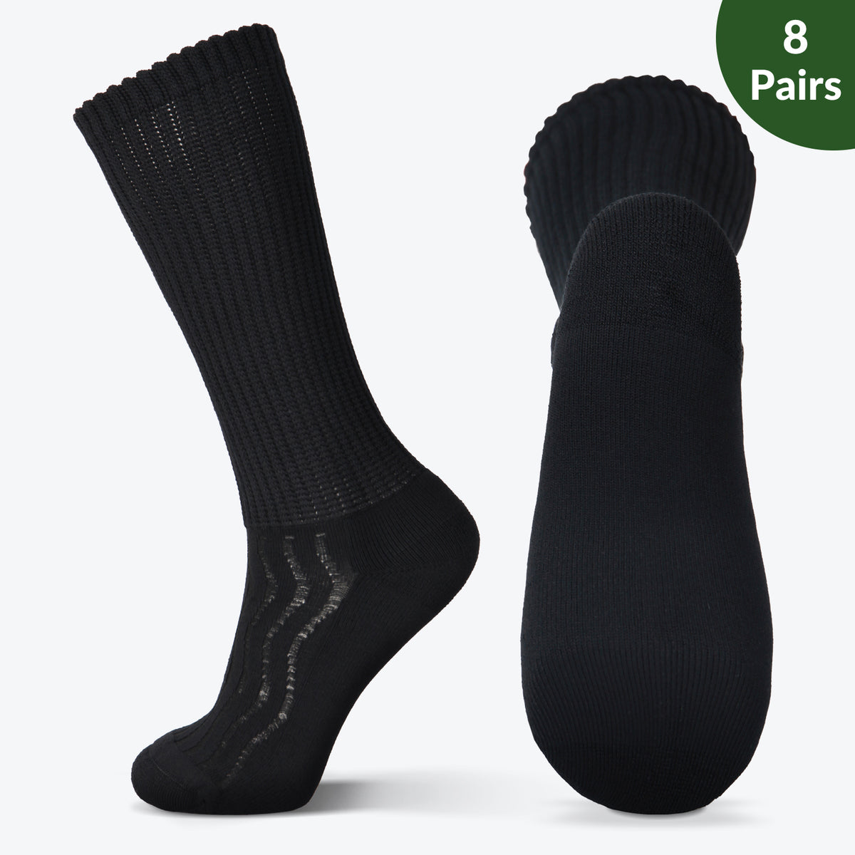 Wide Non-Binding Bamboo Crew Socks, Seamless Toe, Cushion Sole + Cushioned Insoles — 18 or 24 Pairs