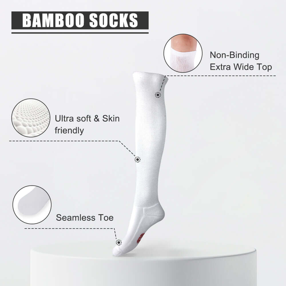 Extra wide non-binding Bamboo Knee high socks, seamless toe, long circulatory design with Warm cushion sole, 4 pairs - md-diab