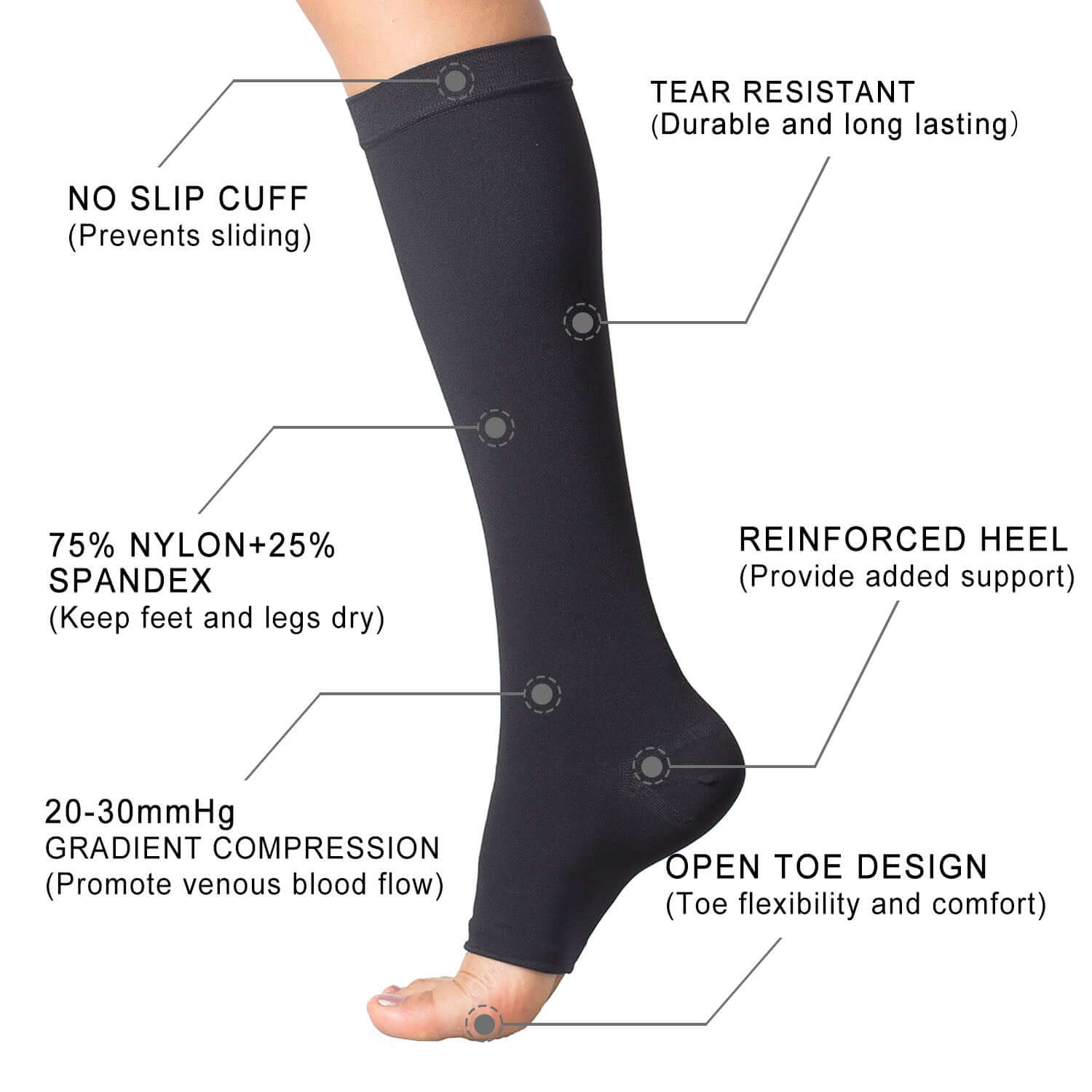 Open Toe Medical Compression Socks Graduated 20-30 mmHg Knee High 1 Pack - md-diab